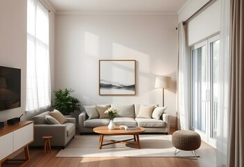 Fototapeta premium Modern Living Room Interior Design with White Walls and Natural Light