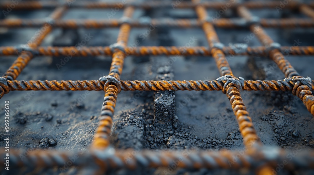 Poster iron frame for foundation floor building site top view closeup reinforced concrete structures knitti