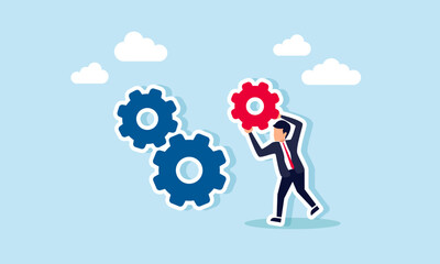 A businessman aligning gears to ensure everything works correctly, Illustration concept of Designing a business system for optimal effectiveness