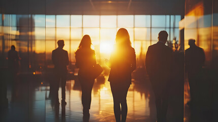 Silhouettes of people standing in front of a large window during sunset.