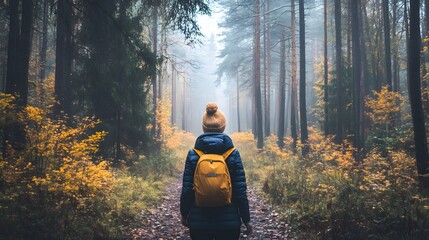 A person taking a mindful walk through a forest, focusing on the sounds of nature