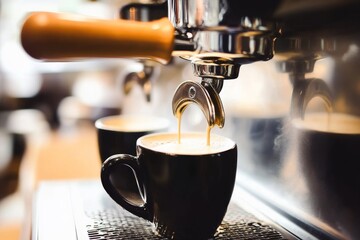 Close-up of an espresso machine with steam rising from a coffee cup, focusing on a black mug being filled, set against a cozy cafe interior background with blurred tables and chairs.