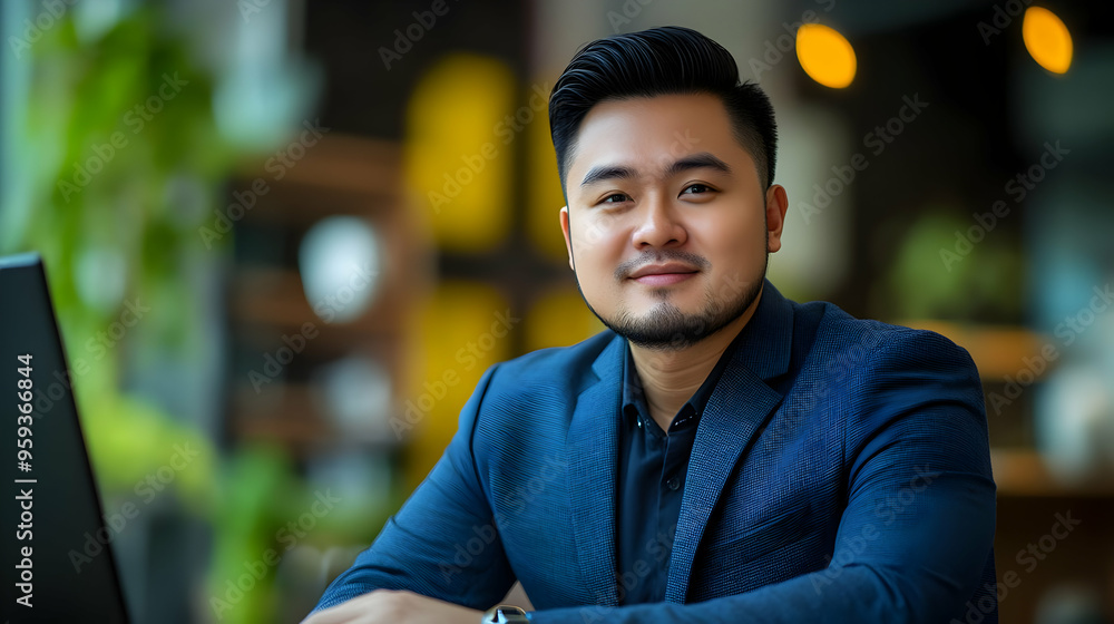 Poster smiling businessman sitting at a table in a cafe, looking at the camera with a laptop in front of hi