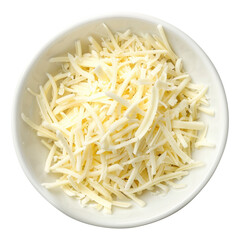 Mozzarella cheese shredded in a white bowl top view isolated on transparent white background, clipping path