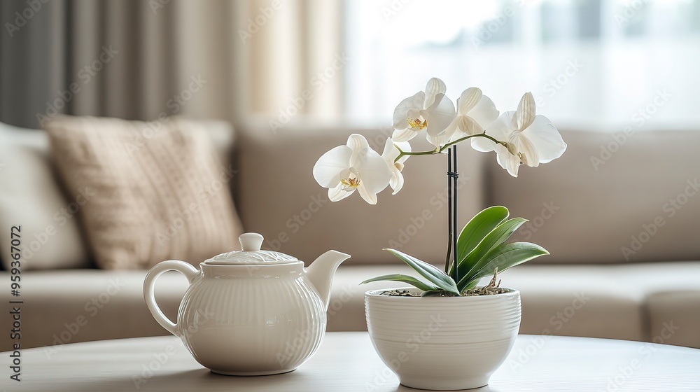 Sticker A white teapot and a pot with delicate orchid flower on coffee table with background of of a beige sofa in modern living room