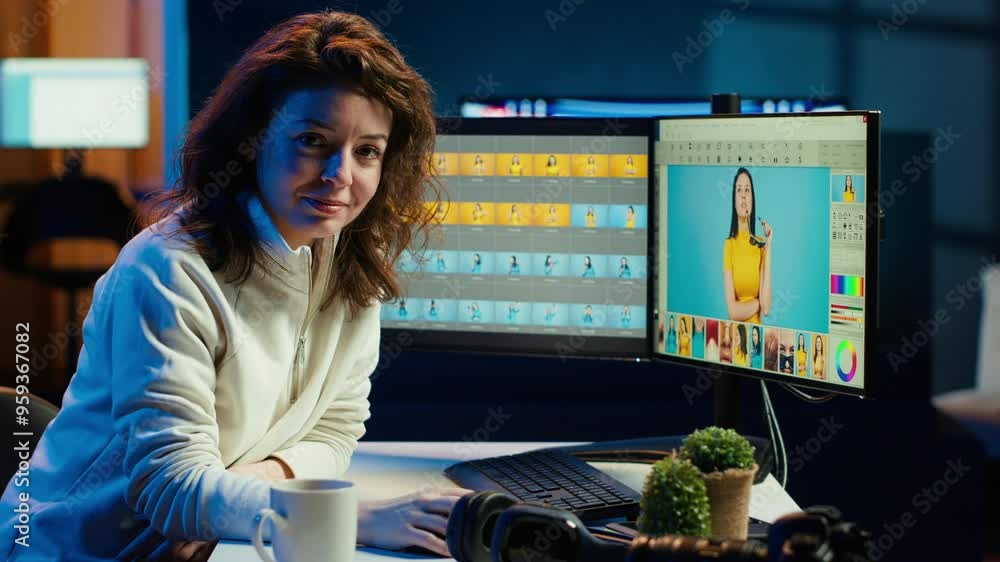 Poster cheerful photographer using retouching program to edit images on computer monitors. portrait of smil