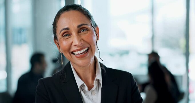 Smile, corporate and mature with business woman in office for internal auditor, financial organization and consultant. About us, asset management and portrait of professional person in actuary firm