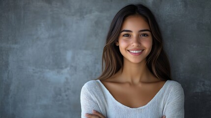 Fototapeta premium Portrait of a young latin woman with pleasant smile and crossed arms isolated on grey wall with copy space Beautiful girl with folded arms looking at camera against grey wall Cheerful : Generative AI