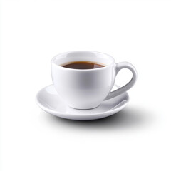 A simple, white ceramic coffee cup and saucer set against a white background, perfect for branding or product showcases.
