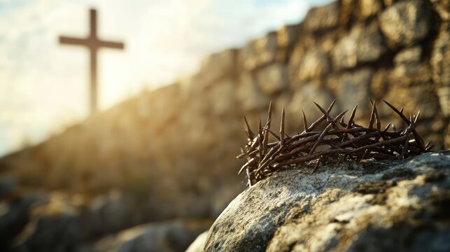 crown of thorns on ancient wall background and blurred cross