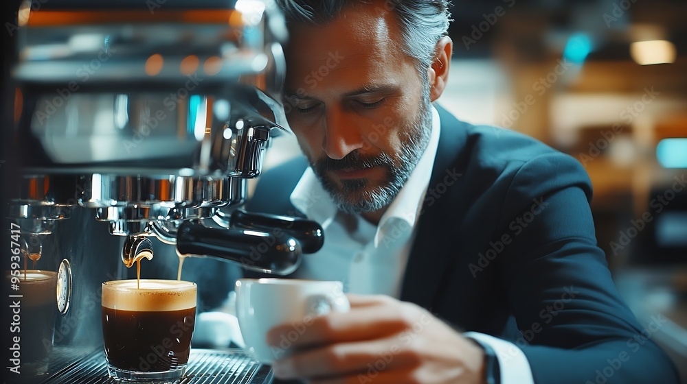 Poster close up view of businessman making coffee from coffee machine in the office : generative ai