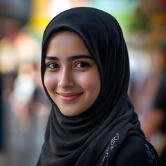 Portrait of a Smiling Young Woman in a Black Hijab