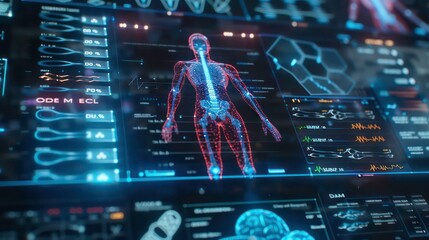 A digital holographic human skeleton model displays on a futuristic medical monitor, with glowing lines and graphs displaying vital health statistics.