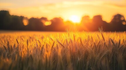 Fototapeta premium A selective focus shot of a sunset over a barley field : Generative AI