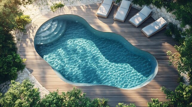 Aerial view of a swimming pool with wavy and curved shapes Around the pool there is wooden flooring and the garden with sunbeds Vacation house concept : Generative AI