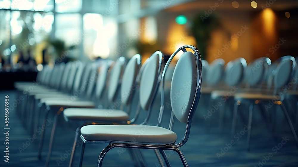 Poster empty chairs lined up at an event inside the building photographed from behind : generative ai