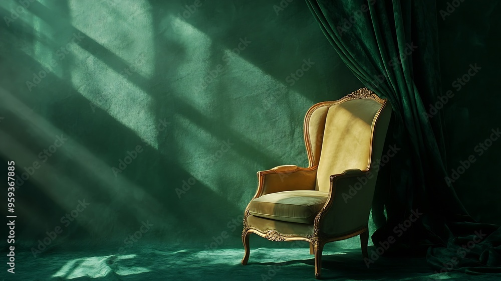 Poster Portrait of empty chair in abstract dark green background Fabric background : Generative AI
