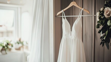 A white wedding dress hanging on a clothing rack in a bridal room, ready to be worn on a special day 