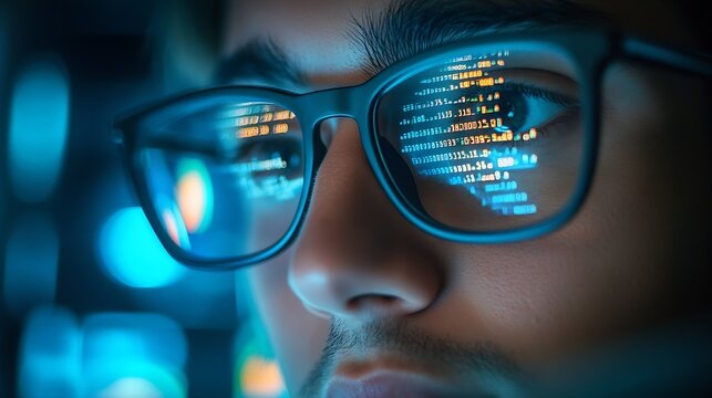 Closeup portrait of focused software engineer wearing eyeglasses looking at computer screen working with big data Programming code reflecting in glasses Data science Machine Learning A : Generative AI