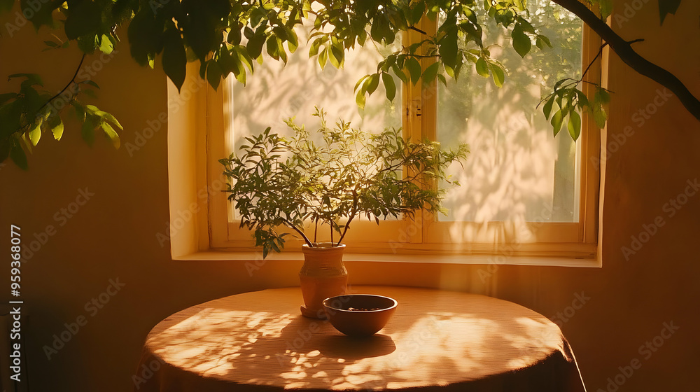 Poster Sunlight streams through a window onto a table with a potted plant and a bowl, casting dappled shadows on the tablecloth.