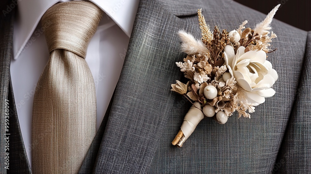 Wall mural Elegant Beige Flower Boutonniere on a Suit for Formal Events and Weddings