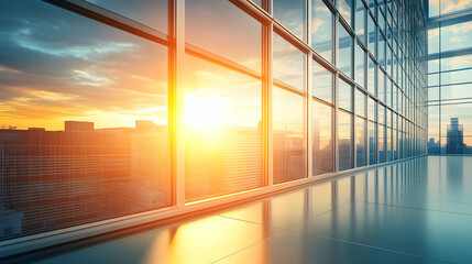 Sunlight streams through large windows in a modern office building, overlooking a cityscape at sunset.