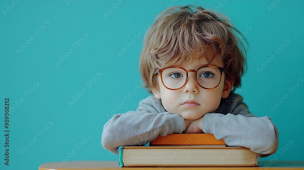 Poster cute little boy in eyeglasses with stack of book sitting at table against color wall : generative ai