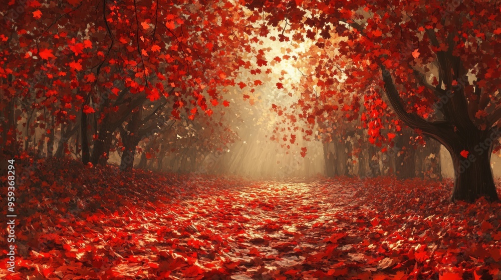 Poster a red leaf covered path with trees in the background. the leaves are falling and the path is covered