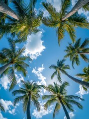 Palm Trees Upward View with Blue Sky and White Clouds