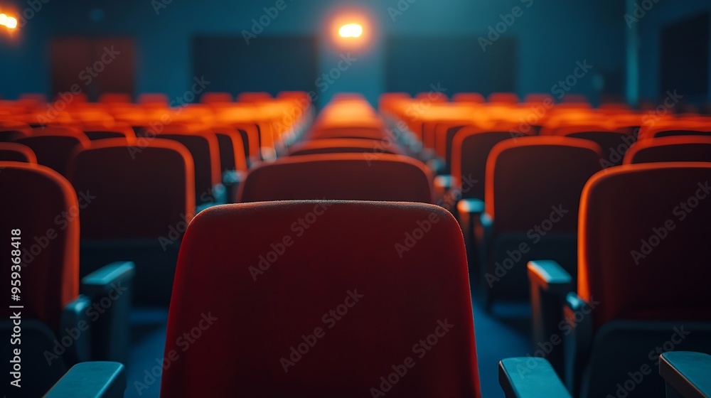 Fototapete close up of orange red seats in dark empty cinema hall with copy space background with rows of chair