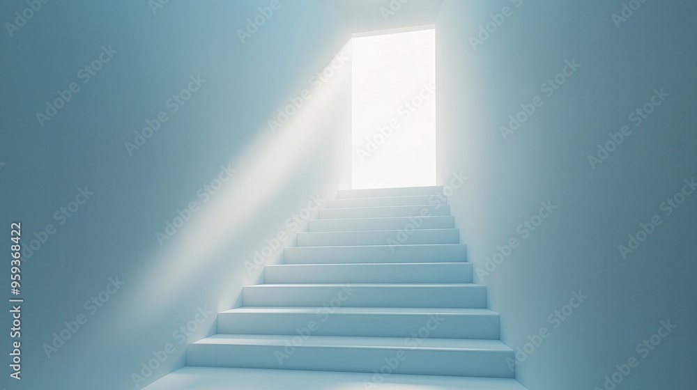 Poster a staircase with a light shining through the window. the light is shining on the steps, creating a s