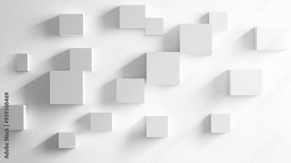 Poster a white background with many white cubes. the cubes are arranged in a way that creates a sense of de