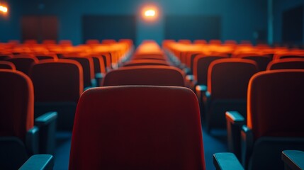 Fototapeta premium Close up of orange red seats in dark empty cinema hall with copy space Background with rows of chairs with selective focus Concept of event theatre conference show presentation audienc : Generative AI