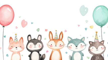 Watercolor Birthday Party Animals with Balloons and Hearts