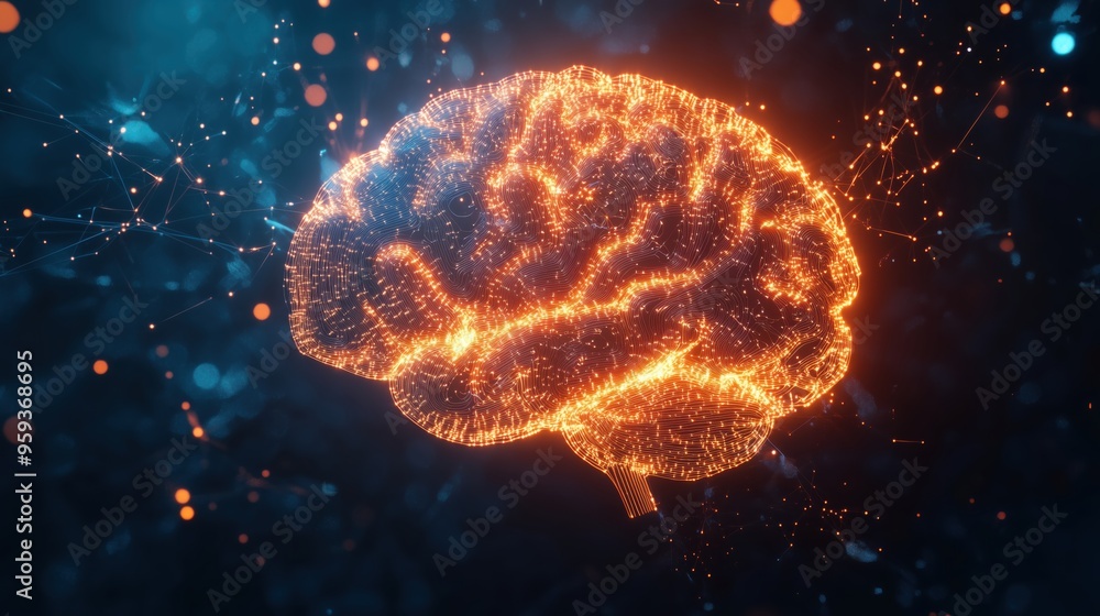 Poster a brain with a lot of glowing lines and dots surrounding it. the brain is surrounded by a blue backg