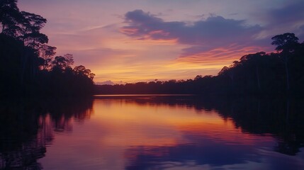 Obraz premium A beautiful sunset over a lake with trees in the background. The sky is filled with clouds and the water is calm