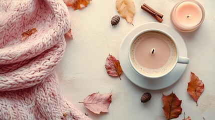 Immerse yourself in the captivating autumn vibe Top view vertical photo of pink blanket candles cup of coffee cinnamon sticks acorn fallen leaves on pastel beige background with market : Generative AI