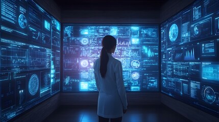 Immersive Futuristic Health Monitoring Hub with Interactive Data Visualization Panels and Predictive Analytics Software