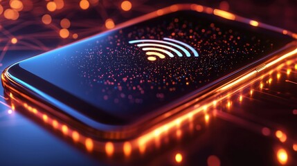 A cell phone with a wifi symbol on it is lit up in a dark background. Concept of technology and connectivity, as well as a futuristic or sci-fi vibe