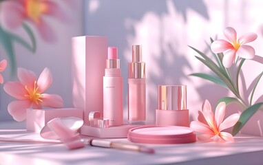 Aesthetic pink makeup products arranged beautifully with floral accents, perfect for beauty and cosmetic branding.