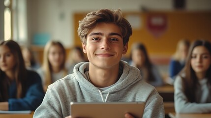 Portrait of happy european student guy holding digital tablet for video lesson or educational app studying with classmates in classroom ladies sitting at table on background : Generative AI