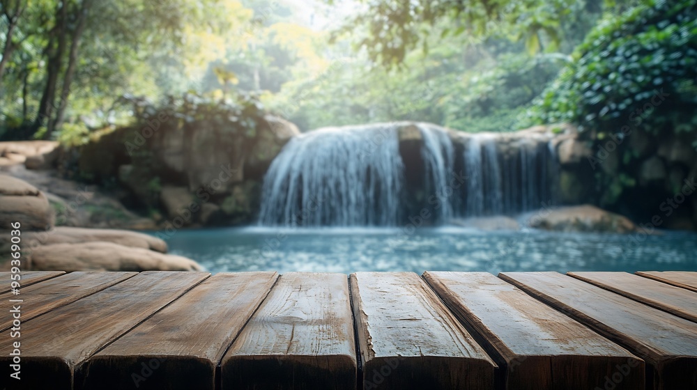 Poster Empty wood table top with blur background of waterfall tropical in summer The table giving copy space for placing advertising product on the table along with beautiful summer waterfall : Generative AI