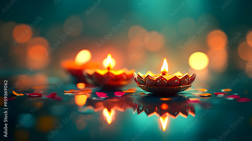 Poster three lit diyas float on a reflective surface, surrounded by scattered flower petals and soft bokeh 