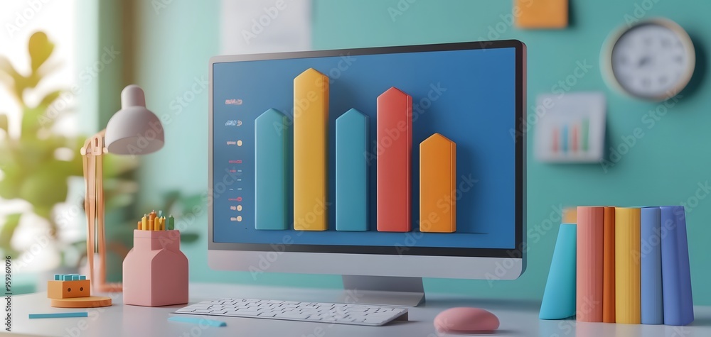 Poster colorful bar graph on a modern computer screen in a stylish workspace, showcasing data analysis and 
