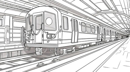 Naklejka premium Simple Coloring Page Featuring a Subway Scene with Black Line Art on a White Background, Designed for a Coloring Book. 