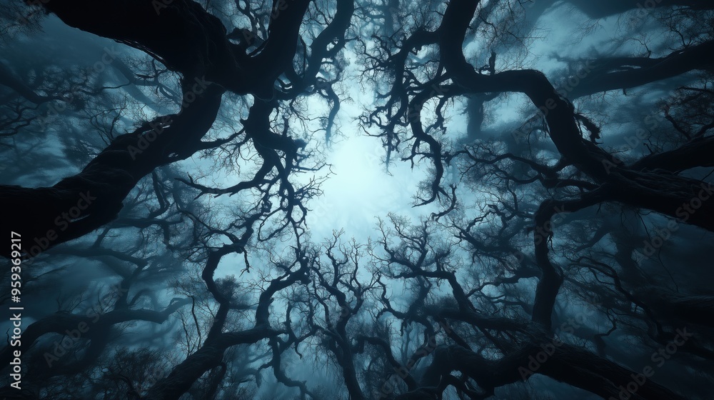Poster a forest with trees that are very tall and dark. the trees are spread out and there is a lot of spac