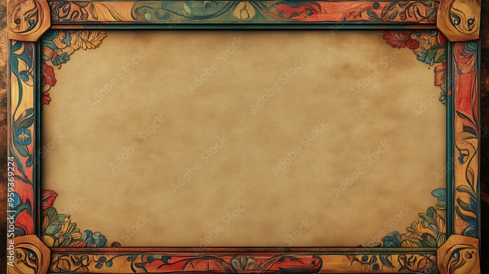 Poster a frame with a blank space in the middle. the frame is colorful and has a floral design