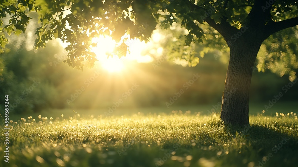 Poster blur background of sunlight shining though the tree with grass field soft light nature photography p