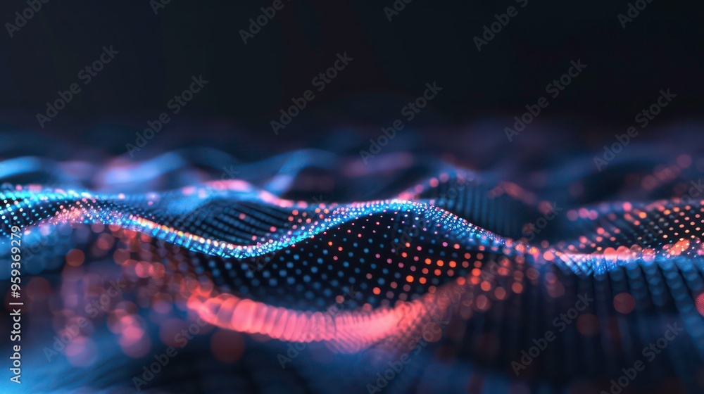 Aufkleber abstract background with glowing blue and orange particles forming waves and a bokeh effect.