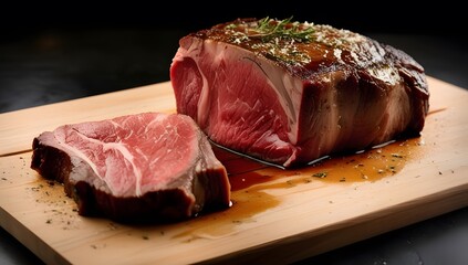 Juicy Steak on Wooden Cutting Board with Rosemary and Salt